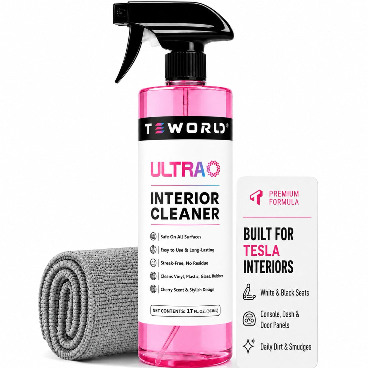teworld bottle front view showing cherry pink label and clear size benefits