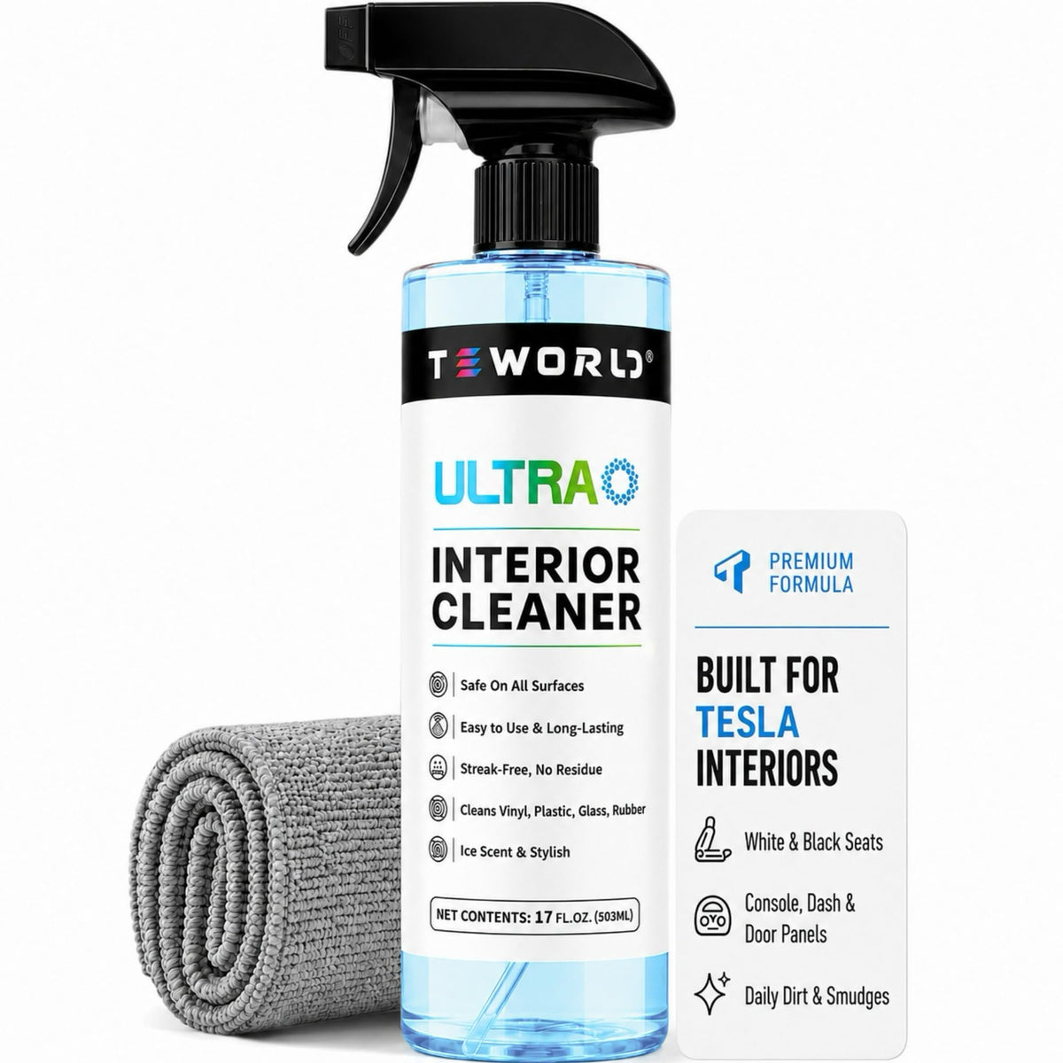 teworld front packaging showing bottle and label, clear instructions and stylish ice blue look