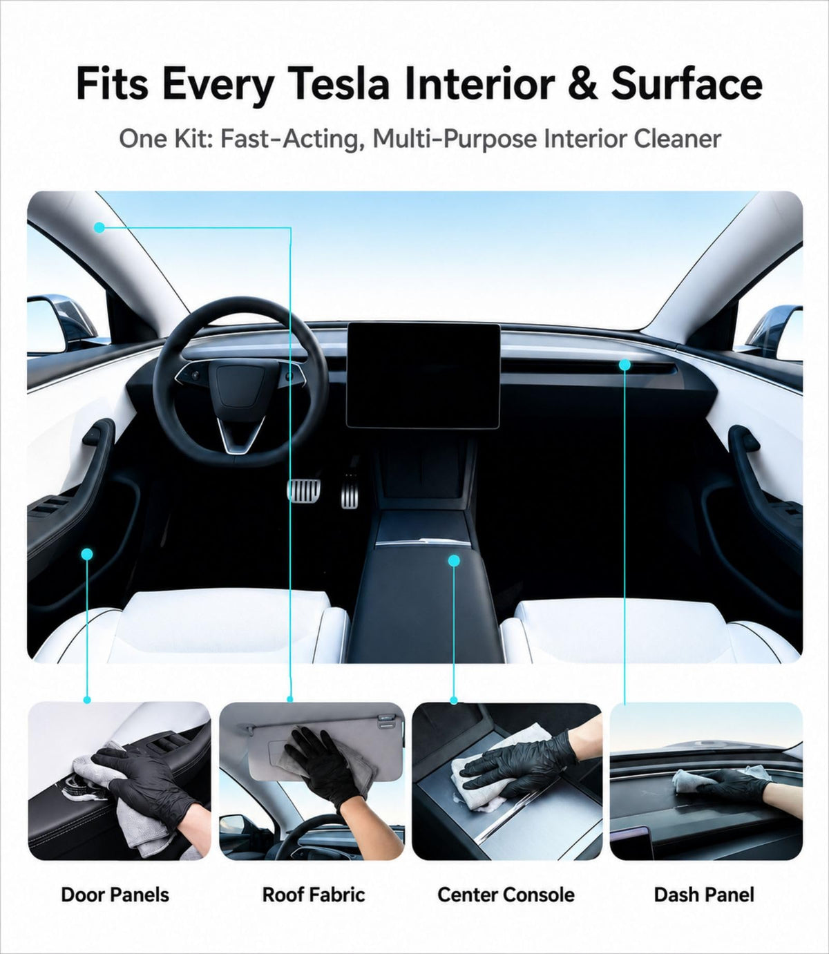 teworld cleaning a Tesla seat, removes smudges and maintains white vegan leather