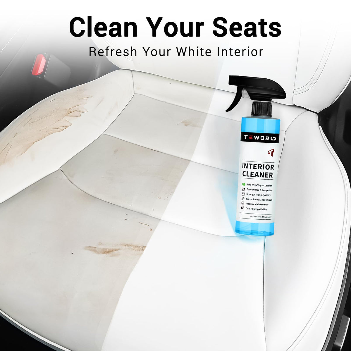 teworld spray action on seat demonstrating targeted stain removal benefit