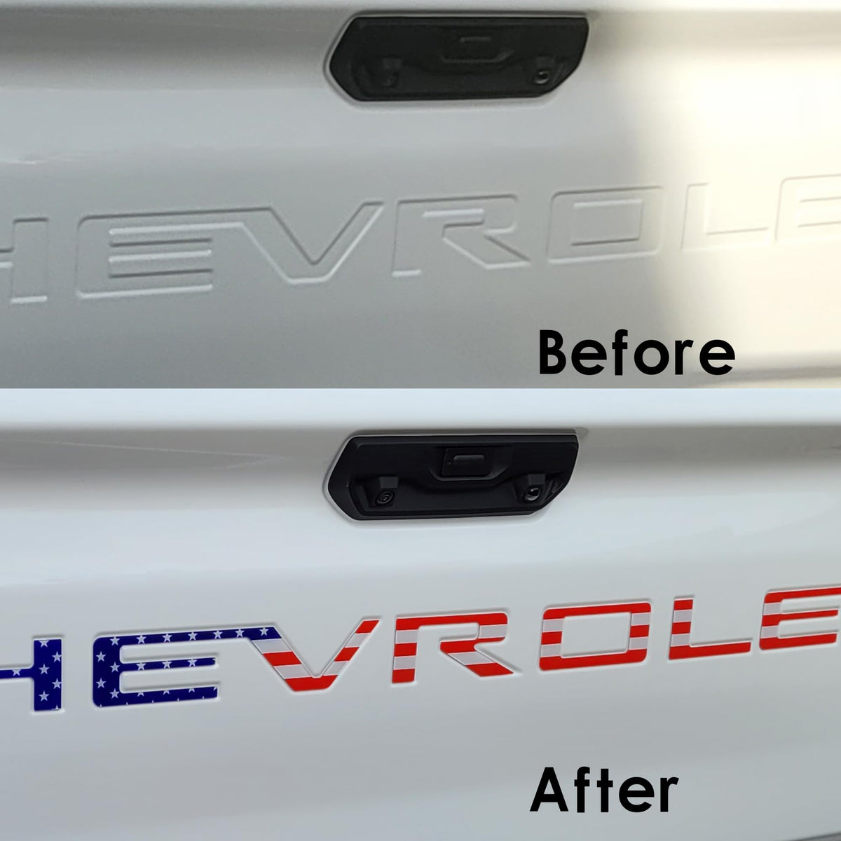 Texflic emblem installed on Silverado in driveway showing premium finish