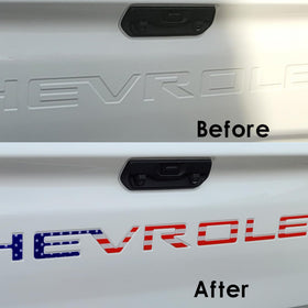 Texflic emblem installed on Silverado in driveway showing premium finish