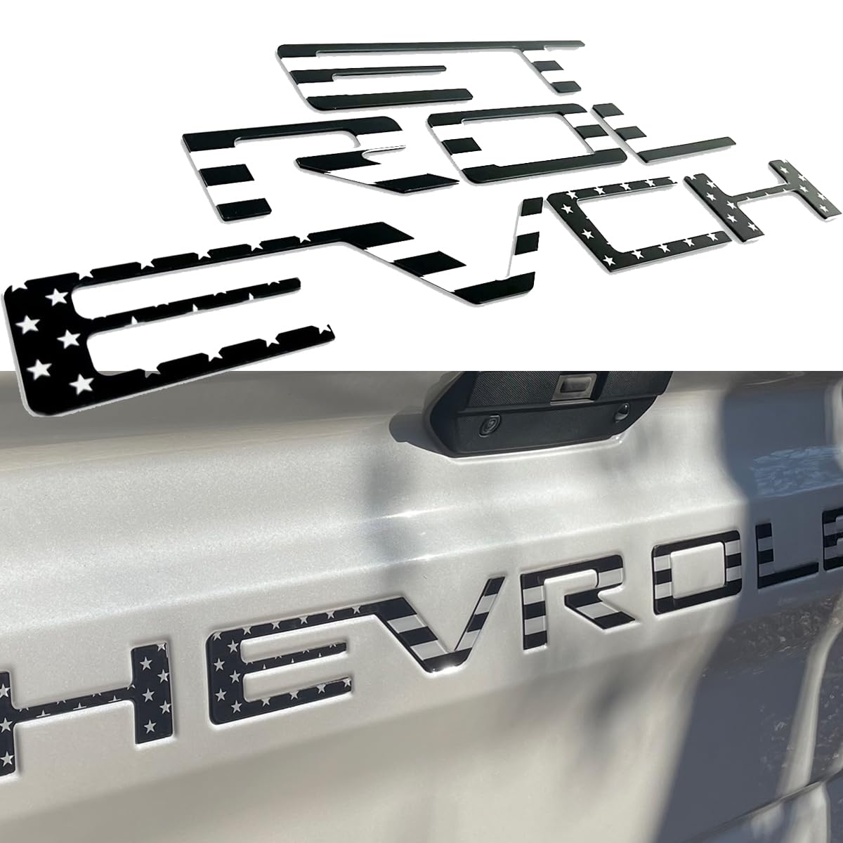 Texflic front view of black 3D tailgate letters showing fit and bold look