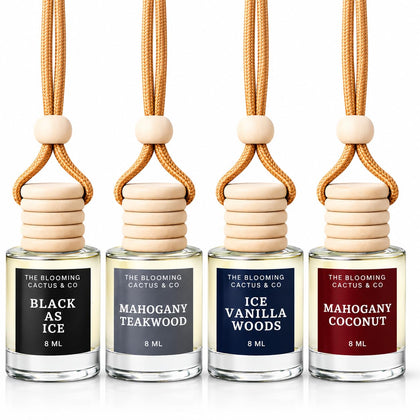 The Blooming Cactus & Co. front pack view showing four hanging diffusers and branding benefit: decorative scent