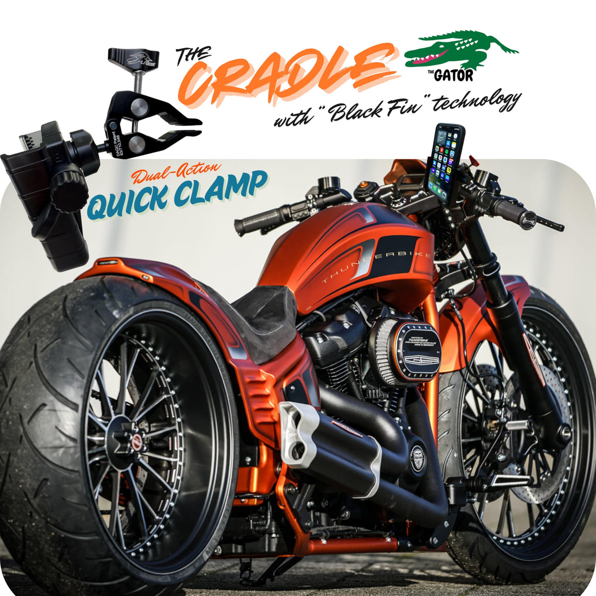 THE GATOR cradle detail showing Black Fin vibration-dampening, reduces shock to phone