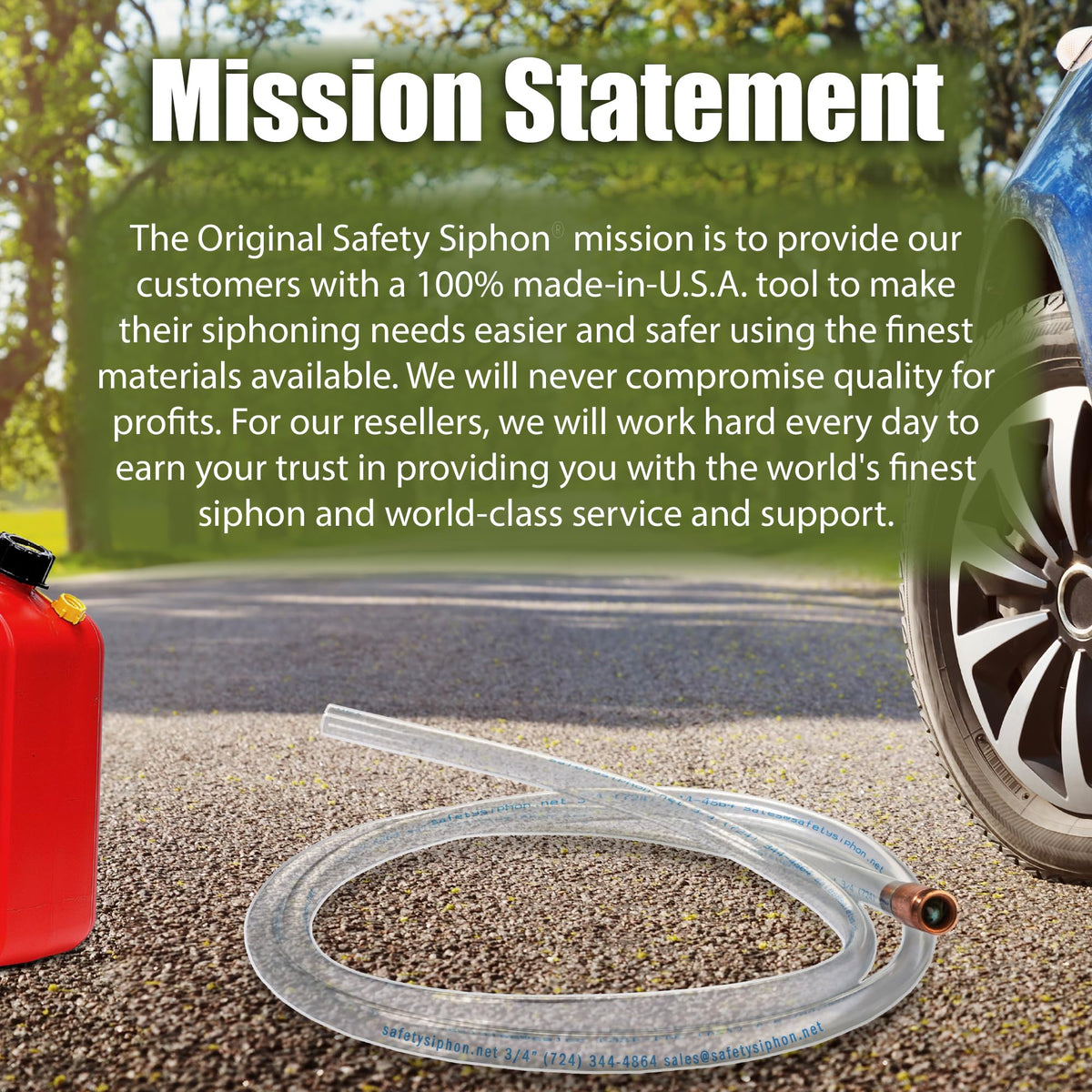 The Original Safety Siphon in a garage beside tools, convenient emergency and maintenance aid