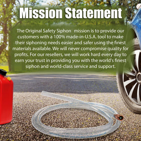 The Original Safety Siphon in a garage beside tools, convenient emergency and maintenance aid