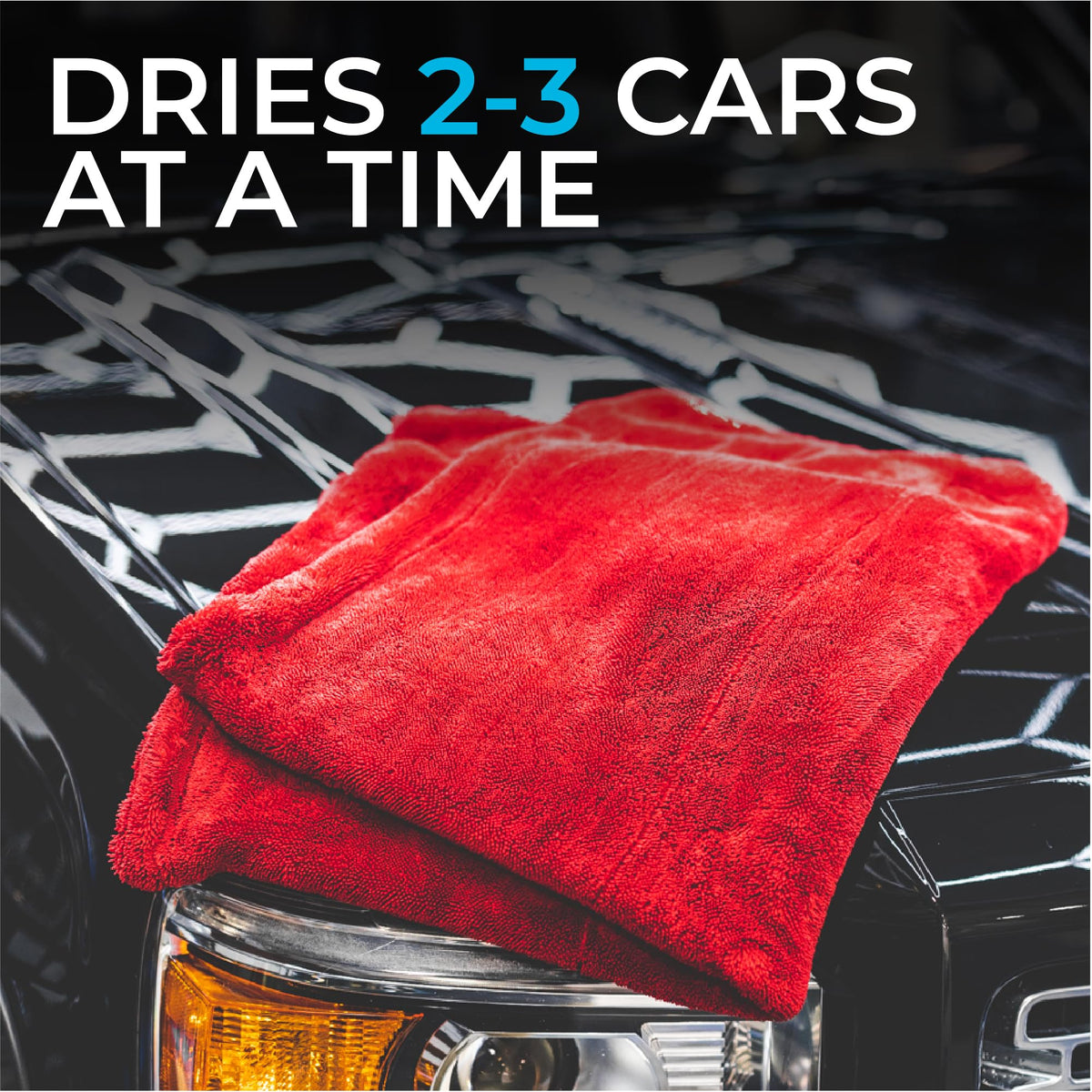 The Rag Company towel being used to dry a pickup truck for quick finish