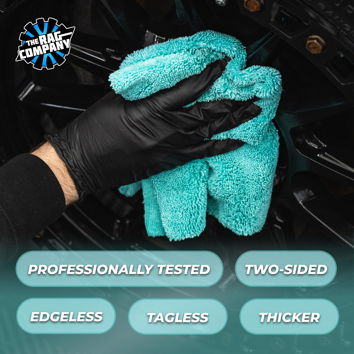 The Rag Company teal towel folded to display texture and ready-to-use absorbency benefit