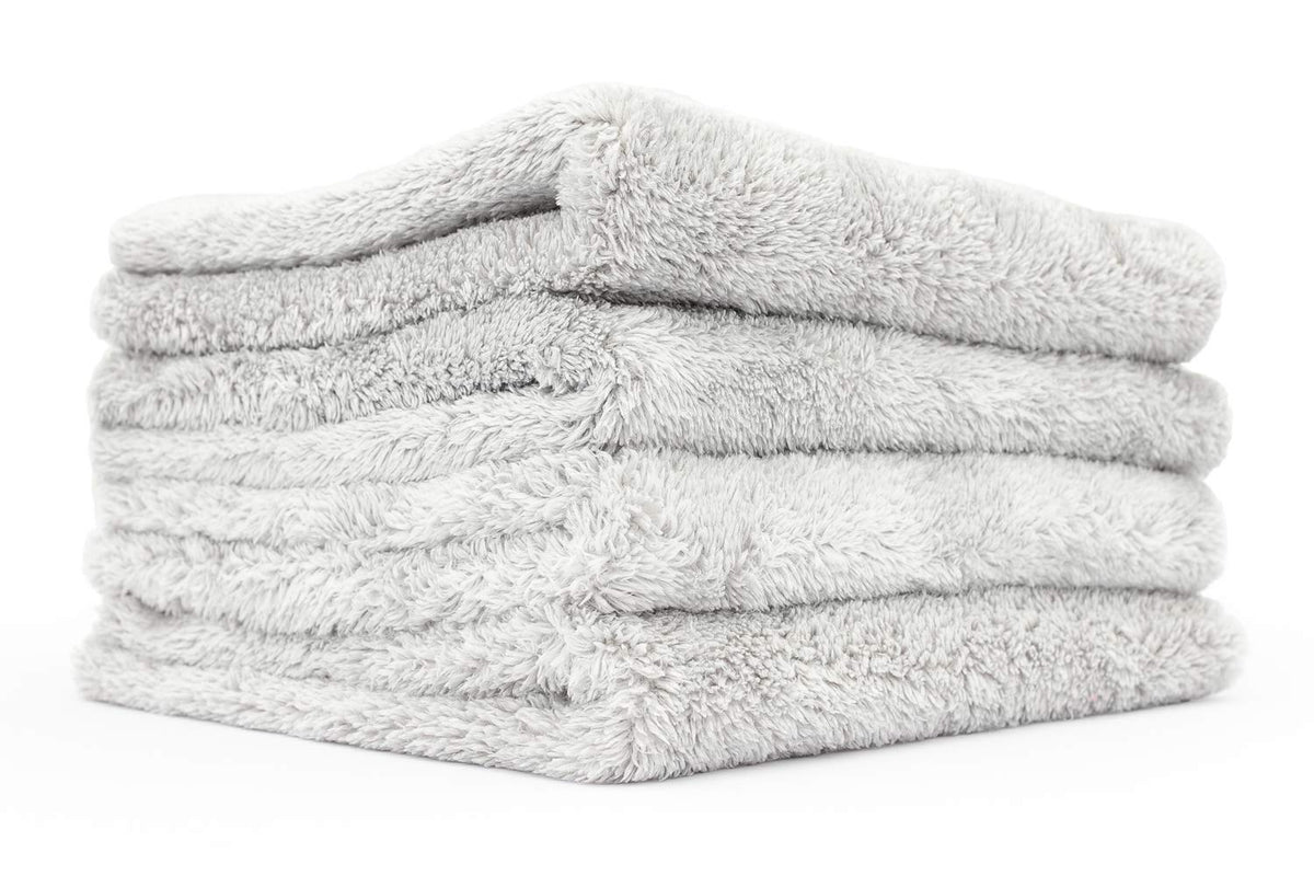 The Rag Company front pack showing four Ice Grey towels and professional branding benefits