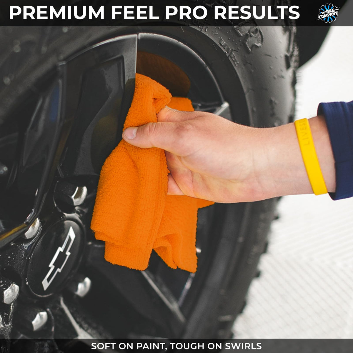 The Rag Company towel in use polishing a car hood delivering streak-free shine