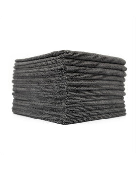 The Rag Company front packaging of 12-pack grey towels showing quantity and color