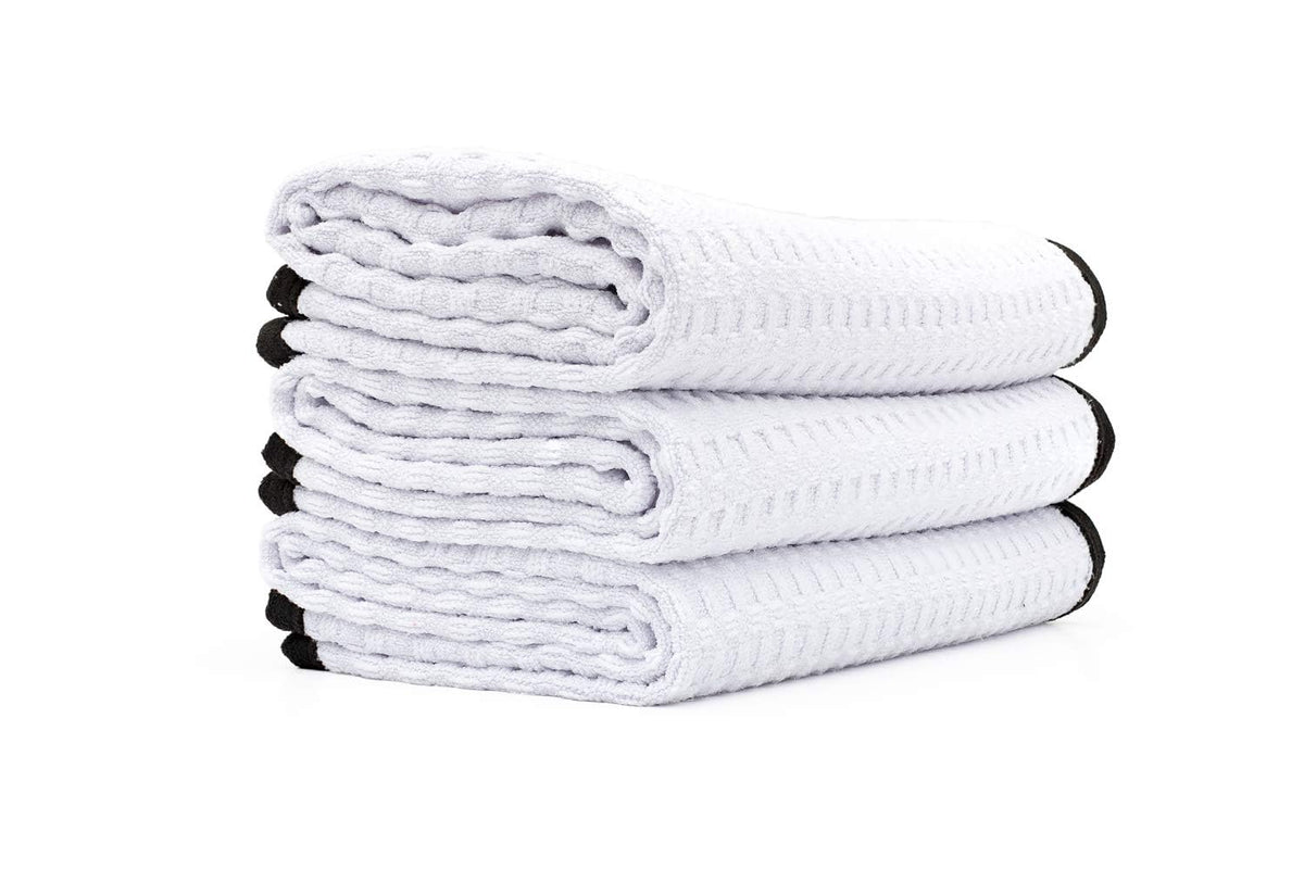 The Rag Company front packaging showing three white Dry Me A River towels, useful for identifying product