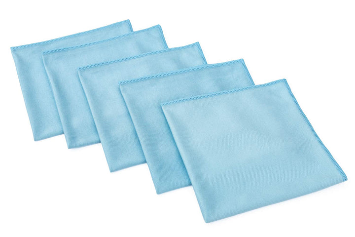 The Rag Company front packaging showing five light-blue towels, professional quality benefit