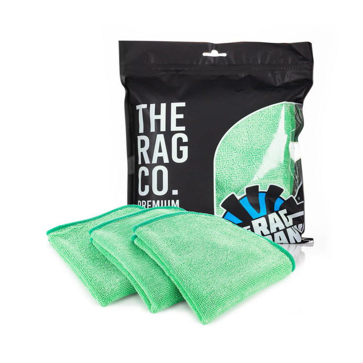 The Rag Company FTW front pack showing three green 16x16 towels and branding benefit: clear results
