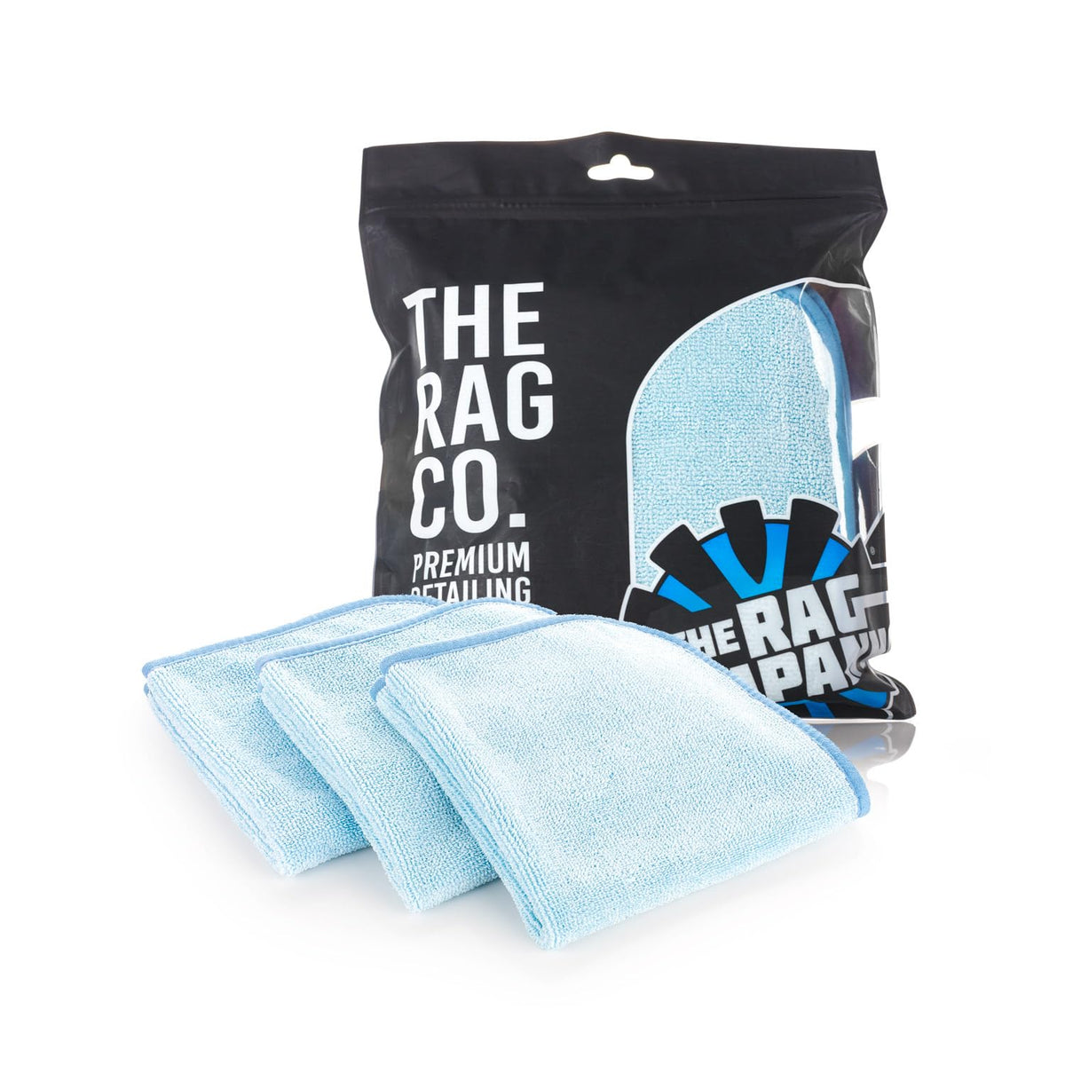 The Rag Company FTW front pack shows product and bright light-blue color benefit streak-free cleaning