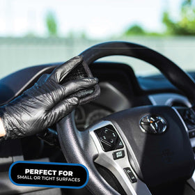 The Rag Company pad on leather seat lifting grime while protecting material