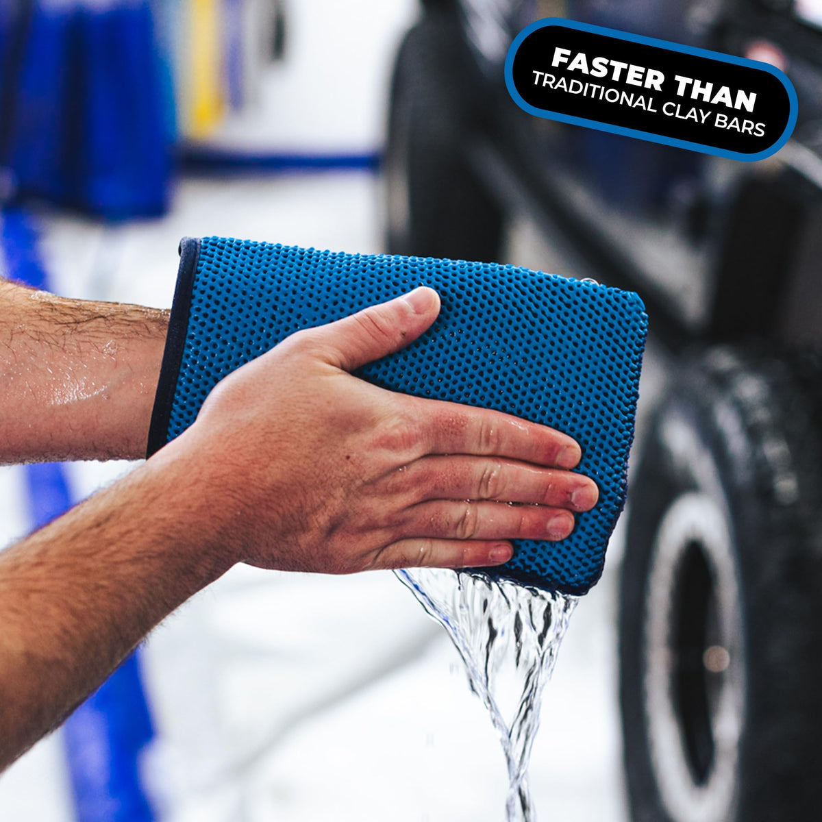 The Rag Company mitt being rinsed showing easy cleaning and reuse benefit