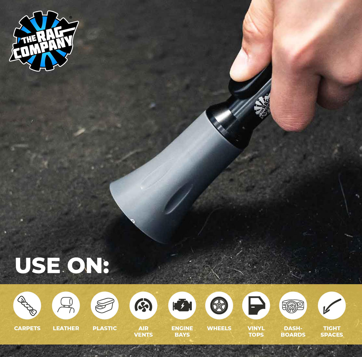 The Rag Company trigger detail shot highlighting ergonomic control for adjustable air bursts and reduced overspray