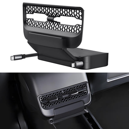 THELIFELICIOUS front view dock showing neat integration with Tesla vents and organized cables