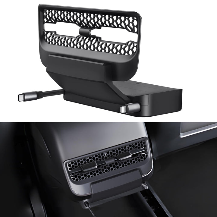 THELIFELICIOUS front view dock showing neat integration with Tesla vents and organized cables
