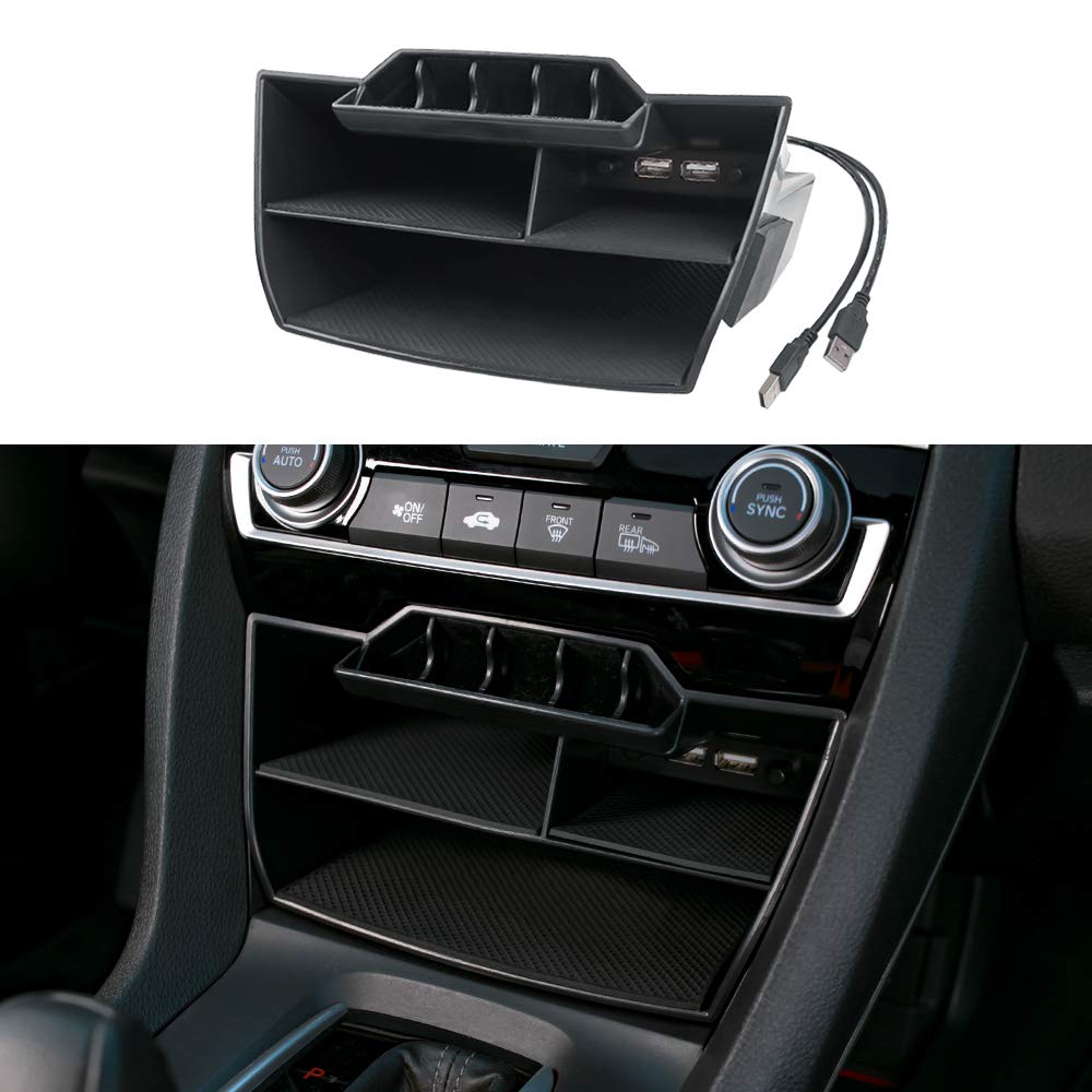 Thenice front view of center console organizer showing neat compartments and easy access