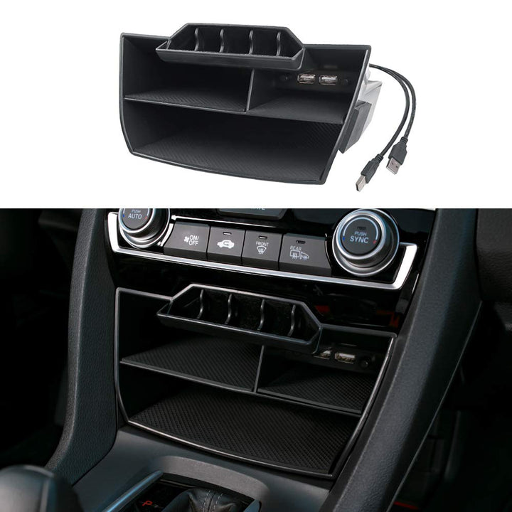Thenice front view of center console organizer showing neat compartments and easy access
