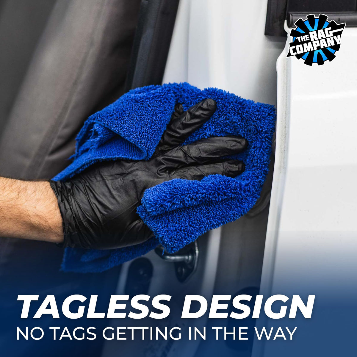 The Rag Company towel drying a glass panel for streak-free clarity and fast absorbency