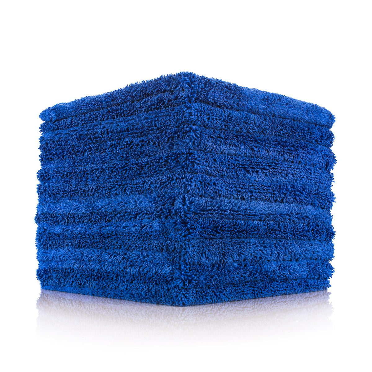 The Rag Company front pack of ten blue edgeless microfiber towels showing product count and color benefits