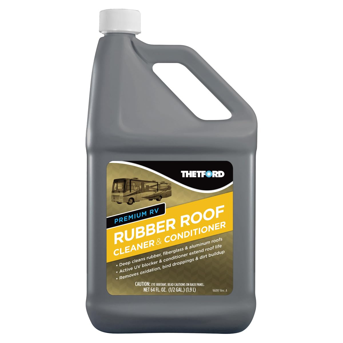 Thetford bottle front label showing product name and 64 oz size, clear identification benefit