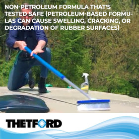 Thetford cleaner being applied to an RV roof, showing effective cleaning in use benefit