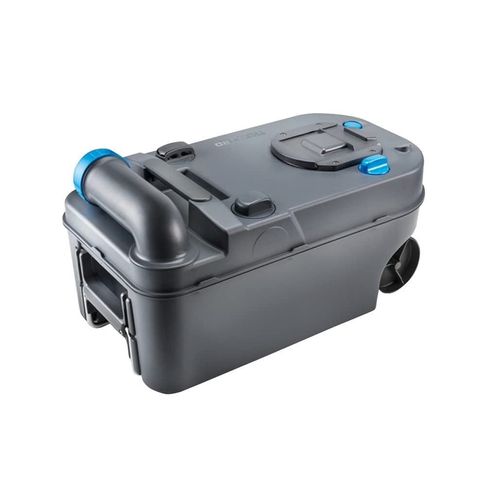 Thetford cassette waste tank front view showing handle and wheels for easy transport
