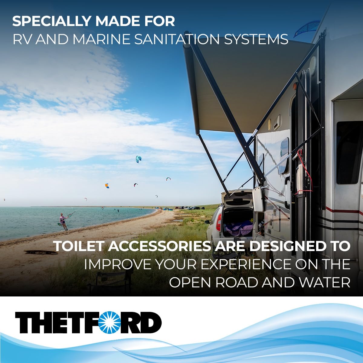 Thetford flange seal and clamp detail emphasizing secure, leak-free connection