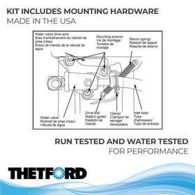 Thetford kit contents laid out showing valve, clamp, screws, seal for ready install