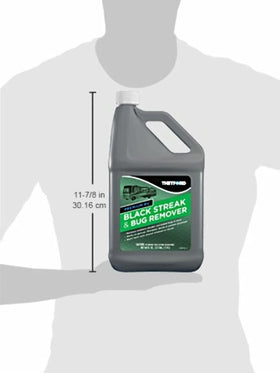 Thetford cleaner on decal close-up illustrating safe cleaning of graphics