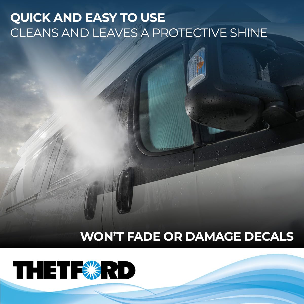 Thetford used on a boat hull showing safe cleaning and protective shine