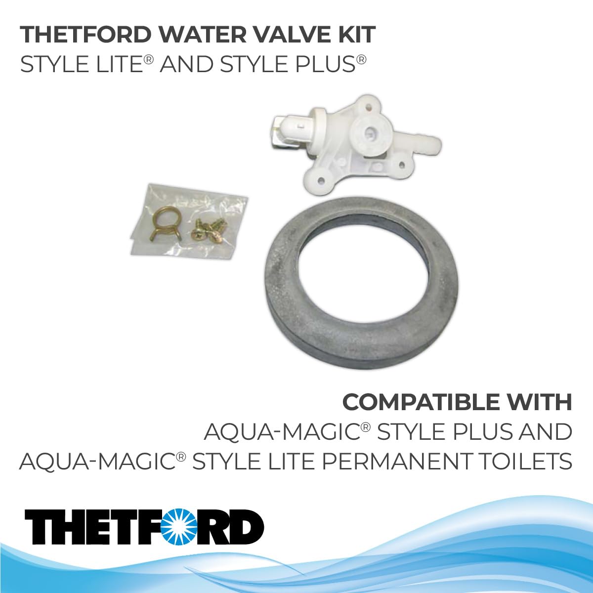 Thetford water valve assembly closeup highlighting durable construction and fit