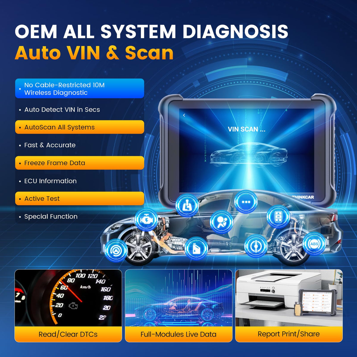 thinkcar THINKSCAN 689BT included accessories and adapters, broad vehicle coverage