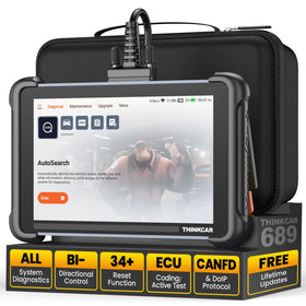 thinkcar front view of ThinkScan 689 tablet showing screen, benefit rapid diagnostics