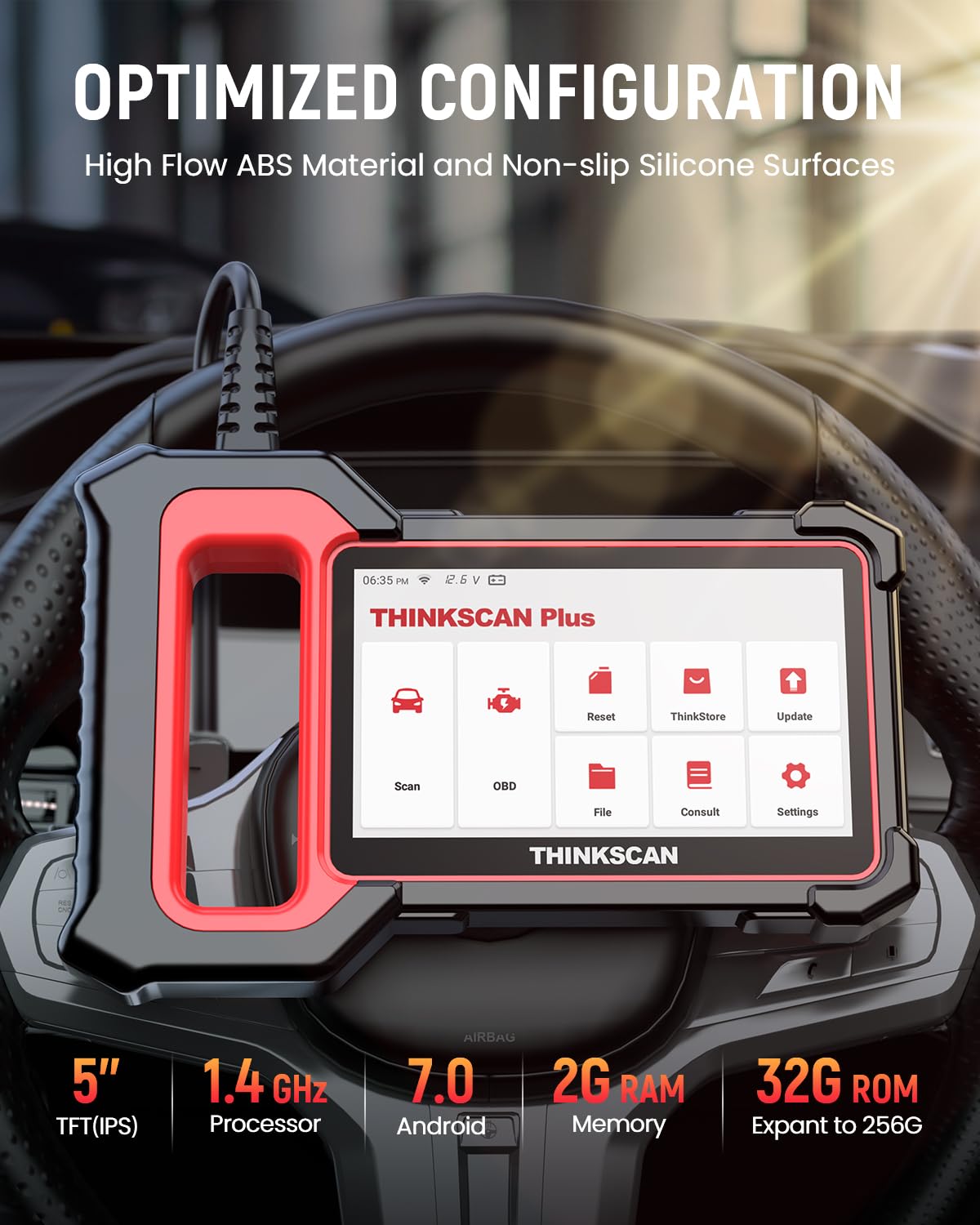 thinkcar ThinkScan Plus S7 close-up of label and buttons, durable handheld design