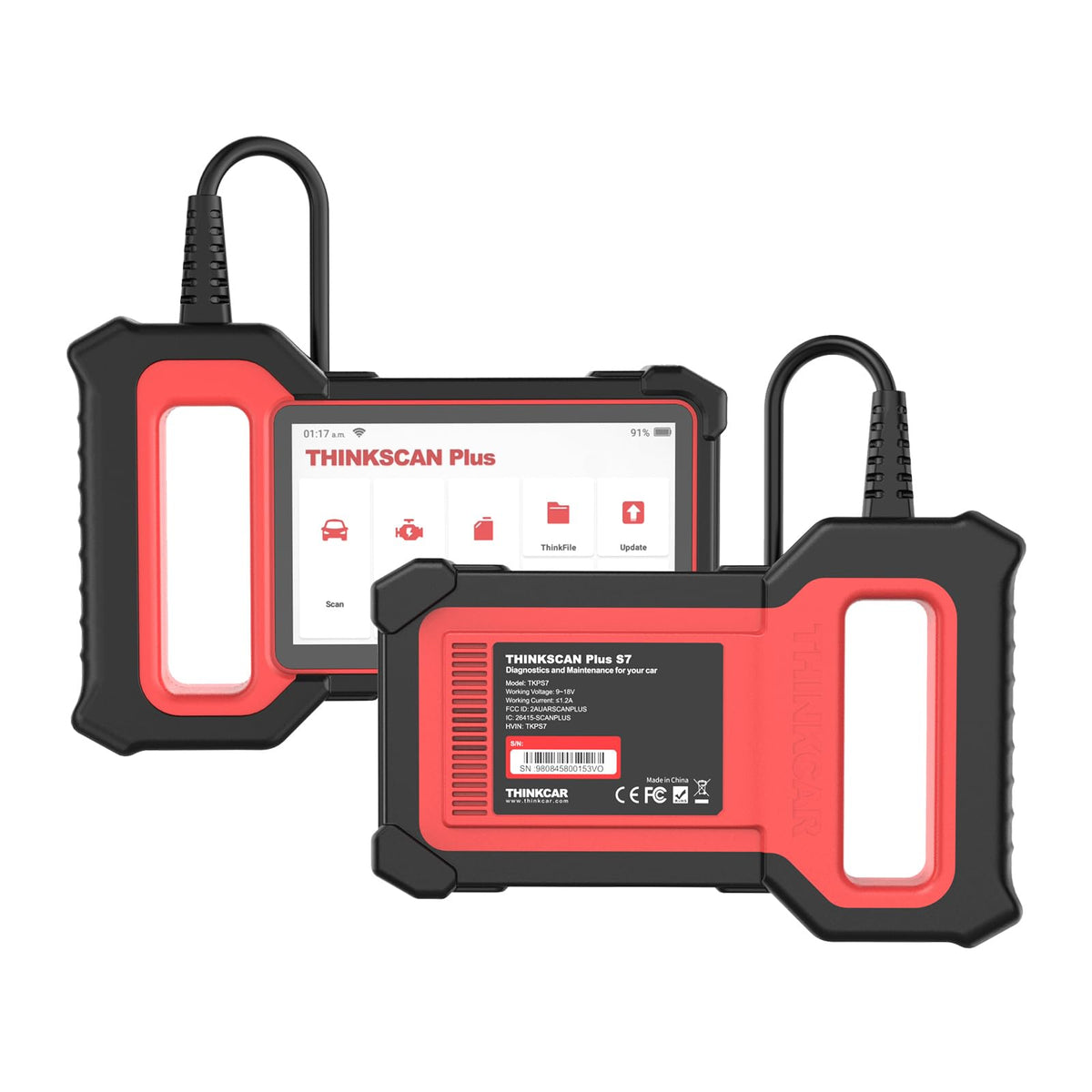 thinkcar ThinkScan Plus S7 next to smartphone for scale, compact portable size