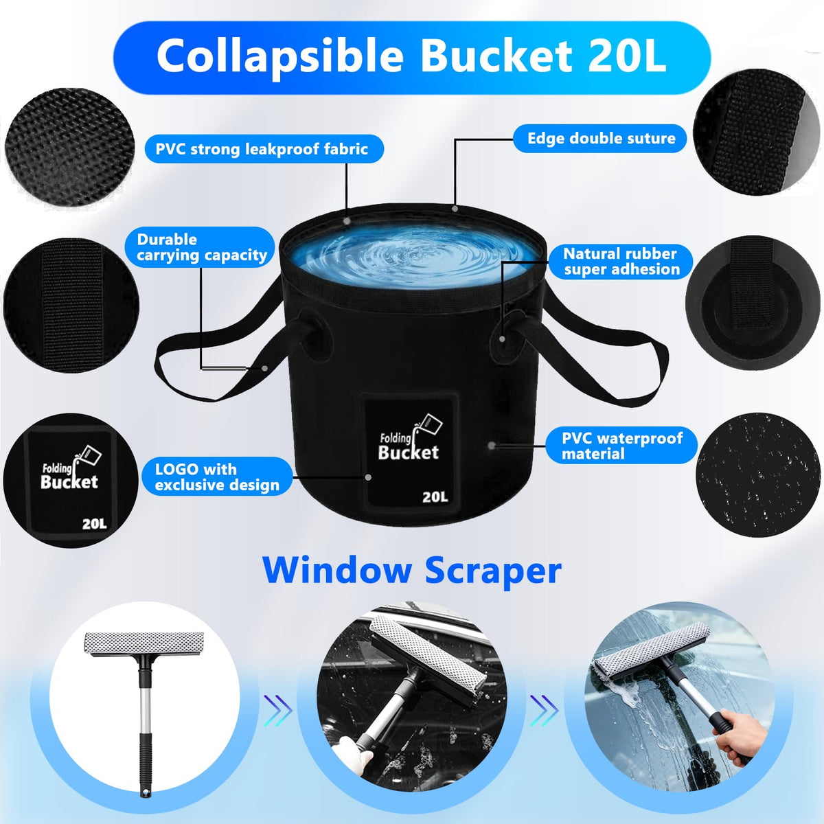 ThinkLearn folding bucket open with water demonstrating portability and convenient storage