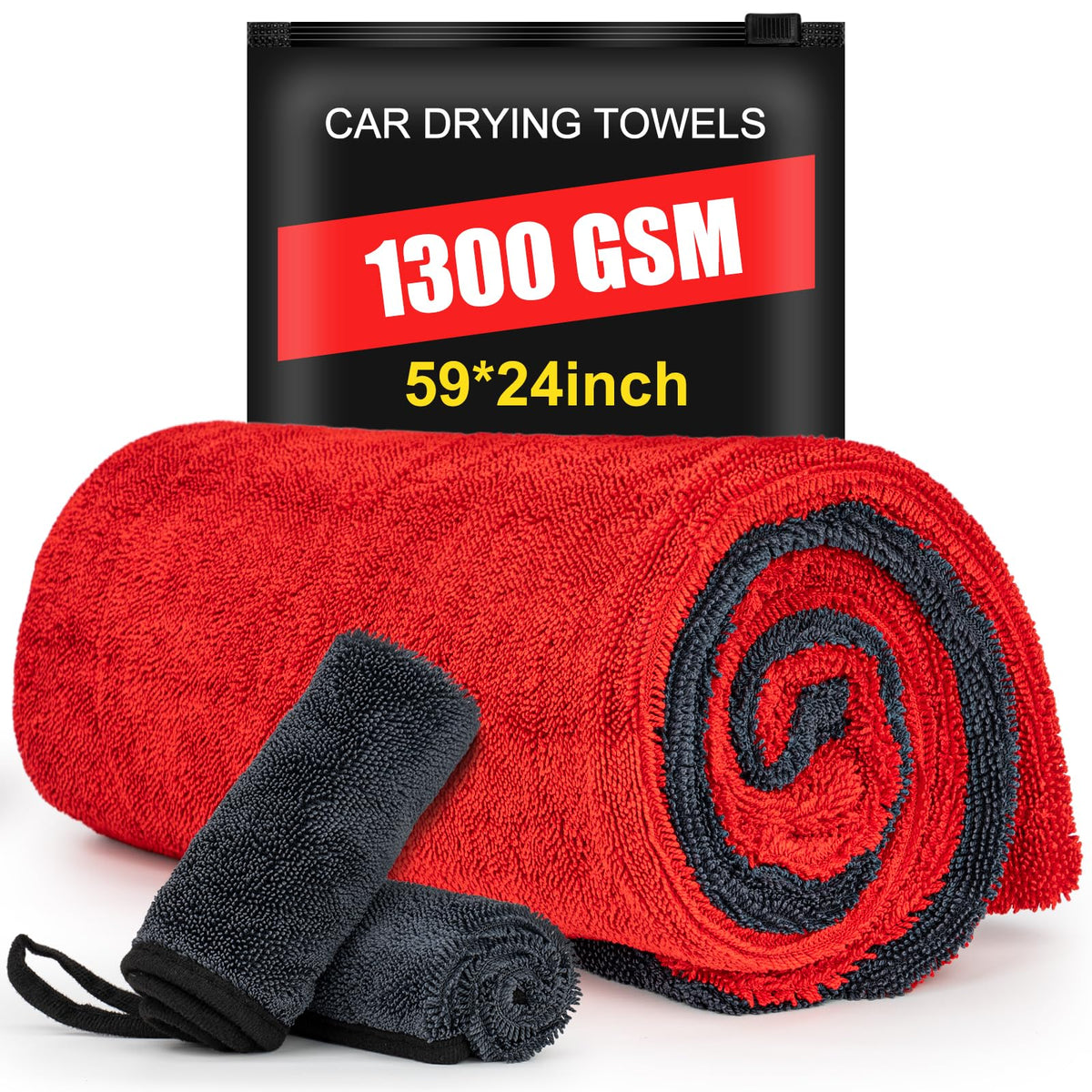 ThinkLearn front packaging showing 59x24 towel and two small towels, speeds drying