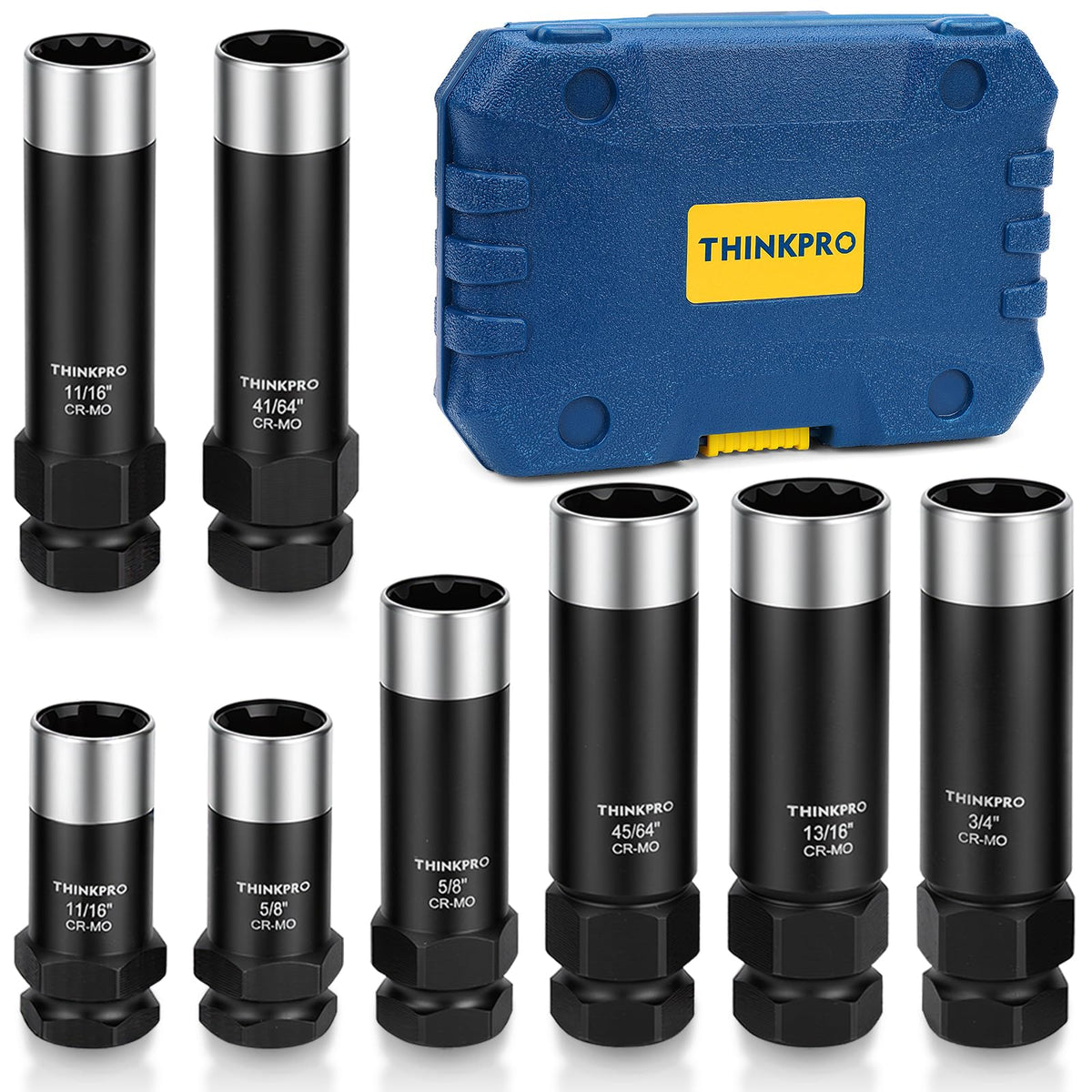 Thinkpro front view of full 8-piece spline lug socket set showing organized layout and quick access