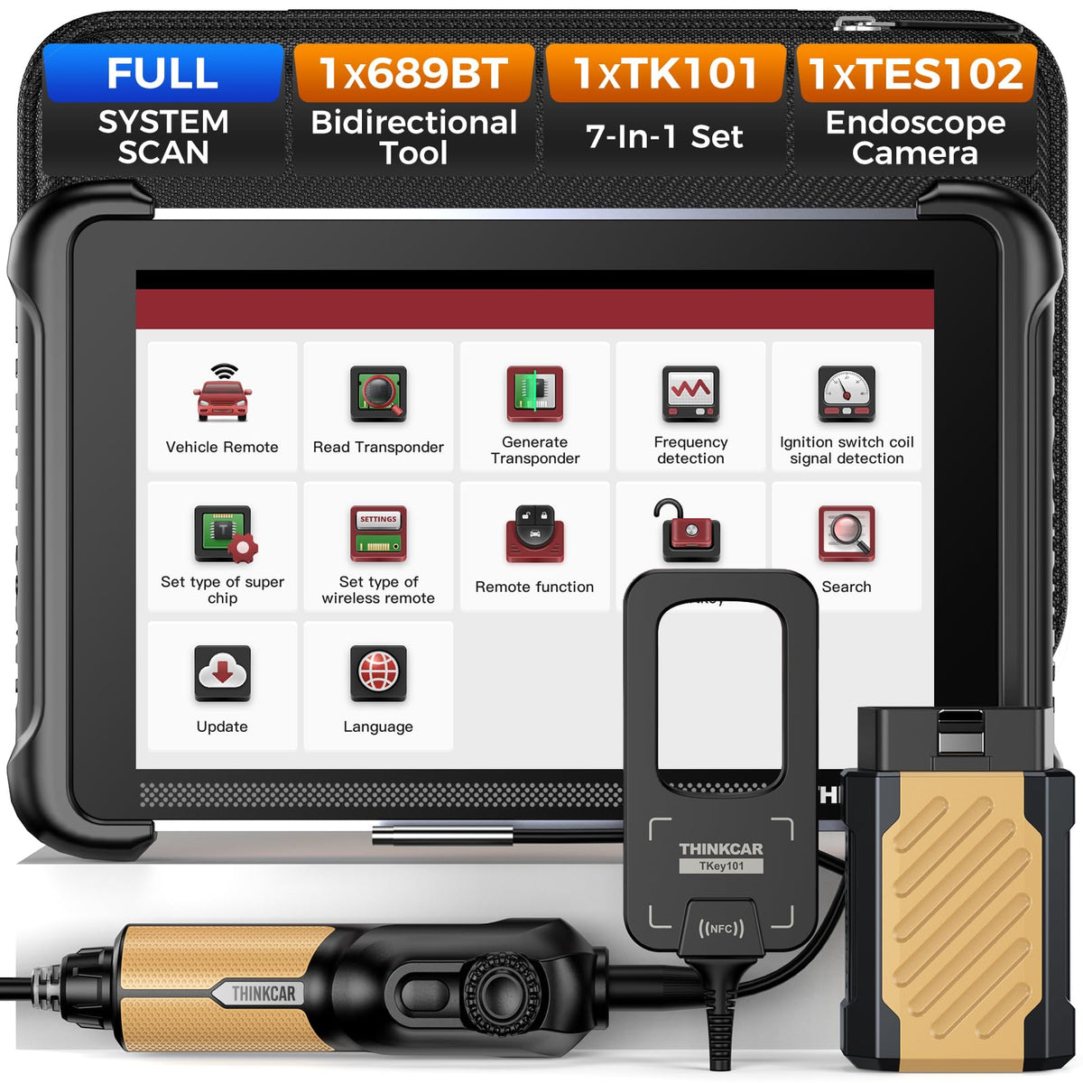 thinkcar thinkscan 689bt front display showing home screen and diagnostics for quick access