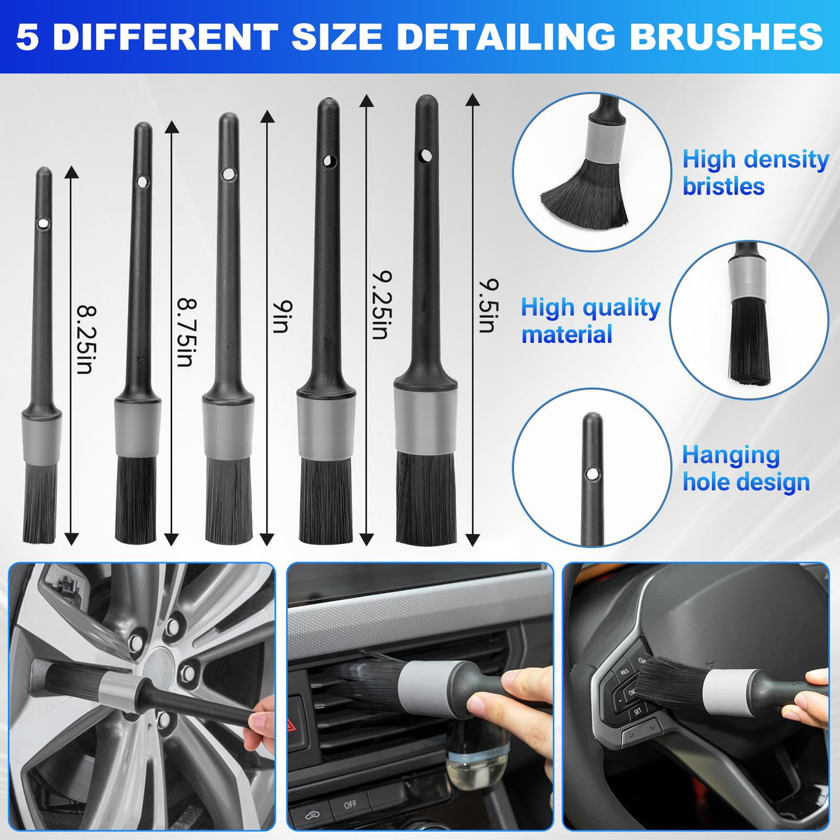THINKWORK brush set arranged by size showing versatile cleaning for vents to wheels