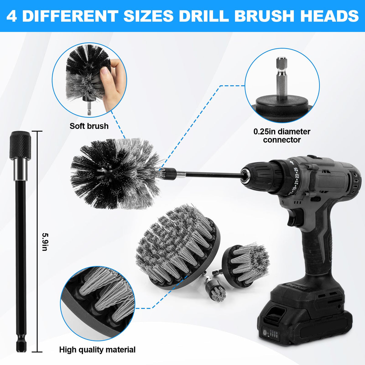 THINKWORK close-up of four drill-compatible brushes showing bristle variety for efficient scrubbing