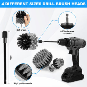 THINKWORK close-up of four drill-compatible brushes showing bristle variety for efficient scrubbing