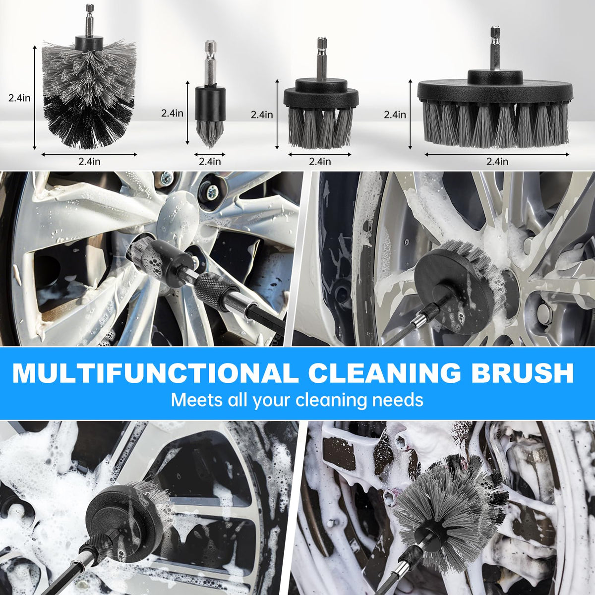 THINKWORK extension pole attached to brush reaching wheel arch for safer high and low reach cleaning