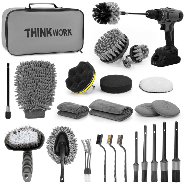 THINKWORK front view of full 27-piece detailing kit showing organized tools and bag, fast setup benefit